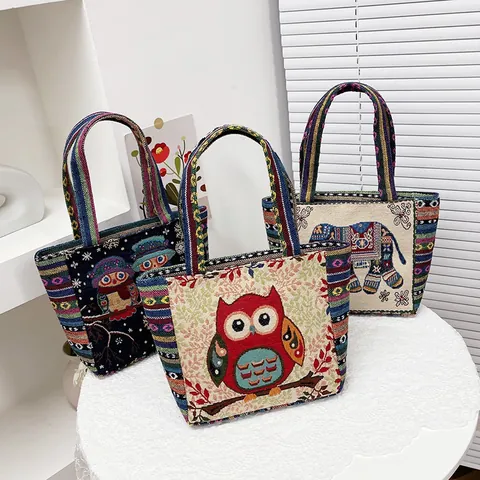 Women Ethnic Bohemian Embroidery Tote Bag Nylon Canvas Large Capacity Shoulder Bag With Elephant Owl Pattern Striped Handle