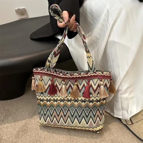Borsa Tote in Tessuto Etnico Bohémien per Donna Multicolore Motivo Geometrico Nappa Grande Capacità Borsa a Tracolla Daily Vacanza Spiaggia