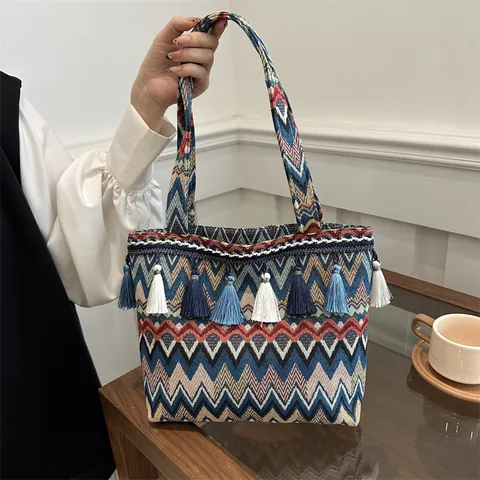 Bohemian Ethnic Woven Tote Bag For Women Multicolored Geometric Pattern Tassel Large Capacity Shoulder Handbag Daily Vacation Beach Bag