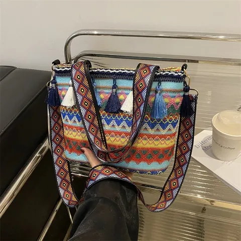 Böhmische Ethnische Stil Gewebte Schultertasche Große Kapazität Umhängetasche Mit Quasten Geometrisches Muster Breiter Gurt Damen Reisetasche