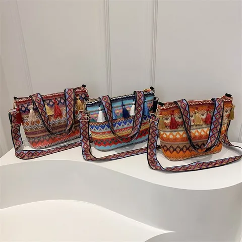 Böhmische Ethnische Stil Gewebte Schultertasche Große Kapazität Umhängetasche Mit Quasten Geometrisches Muster Breiter Gurt Damen Reisetasche