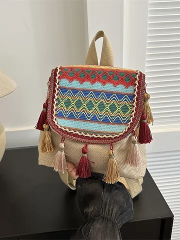 Ethnic Style Bohemian Weaving Backpack Women Tassel Embroidered Canvas Travel Bag Geometric Pattern Mini Daypack Niche Design