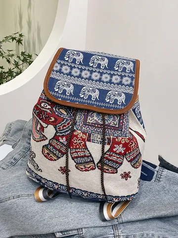 Zaino da Donna in Tela con Motivo a Elefante Etnico Ricamo Jacquard Bohémien con Coulisse Zainetto da Viaggio Casual alla Moda