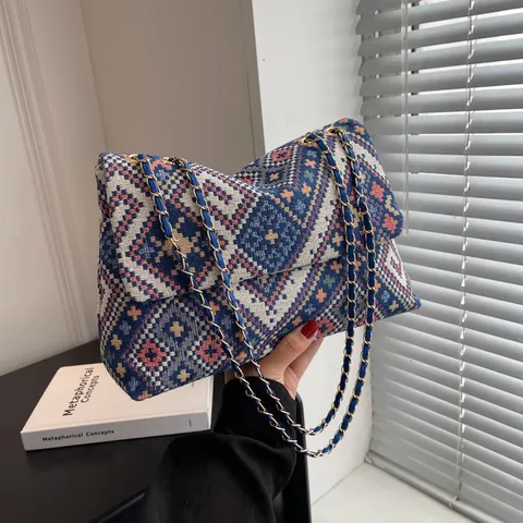 Borsa a Spalla Donna Vintage Etnica Intrecciata Geometrica Borsa a Tracolla in Tela Jacquard Con Catena Moda Tote