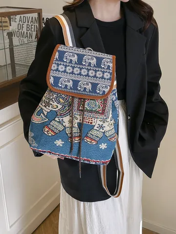 Mochila de Lona con Patrón de Elefante de Estilo Étnico Gran Capacidad Jacquard Mochila con Cordón para Mujer Viaje Casual