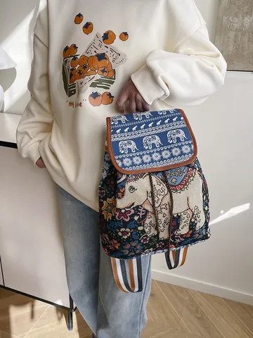 Mochila de Lona con Patrón de Elefante de Estilo Étnico Gran Capacidad Jacquard Mochila con Cordón para Mujer Viaje Casual