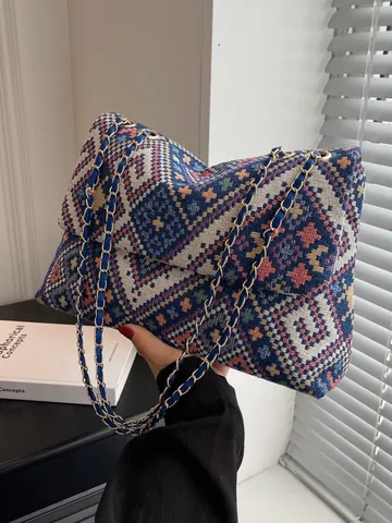 Boho Ethnisch Gewebte Umhängetasche Geometrisches Muster Kette Crossbody Tasche Für Damen Vintage Große Kapazität Handtasche