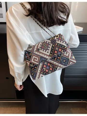 Boho Ethnisch Gewebte Umhängetasche Geometrisches Muster Kette Crossbody Tasche Für Damen Vintage Große Kapazität Handtasche