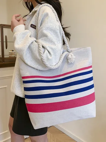 Borsa Tote in Tela a Righe di Grande Capacità da Donna Con Manici in Corda di Cotone Spessa Borsa a Spalla Casual da Spiaggia per Vacanze