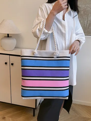 Borsa Tote in Tela a Righe di Grande Capacità da Donna Con Manici in Corda di Cotone Spessa Borsa a Spalla Casual da Spiaggia per Vacanze