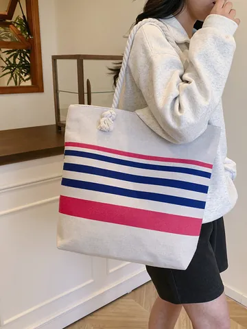 Borsa Tote in Tela da Donna Grande Capacità Casual a Righe Borsa a Spalla Con Manico in Corda di Cotone per Spiaggia Viaggio Vacanza