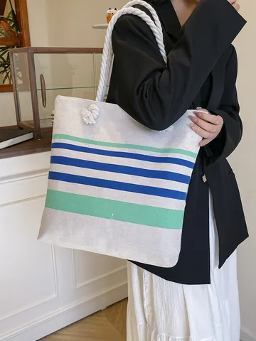 Borsa Tote in Tela da Donna Grande Capacità Casual a Righe Borsa a Spalla Con Manico in Corda di Cotone per Spiaggia Viaggio Vacanza