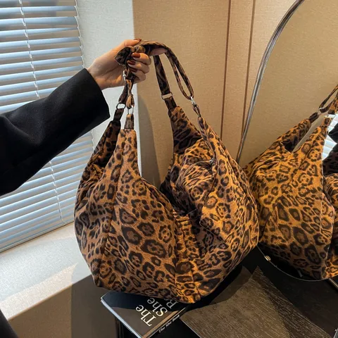Damen Große Kapazität Leopardenmuster Tote Bag Mode Lässige Umhängetasche Vintage Samt PU Leder Hobo Tasche Täglich Handtasche