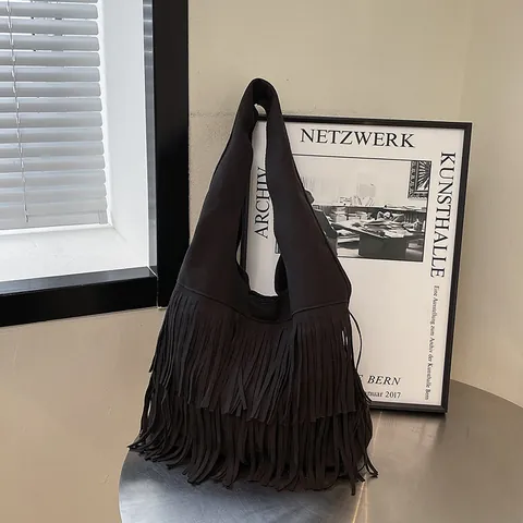 Borsa a Tracolla da Donna con Frange e Nappe Borsa Tote Hobo di Grande Capacità in Finta Pelle Scamosciata Vintage Messenger Bohemienne