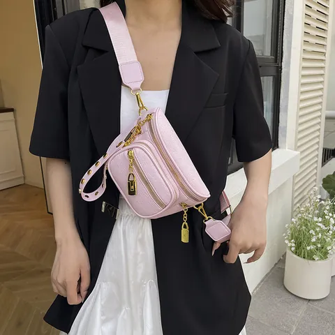 Borsello da Petto in Pelle PU Moda Donna Motivo Litchi Cerniera Multistrato Borsa a Tracolla a Sella Con Tracolla Larga Borchie