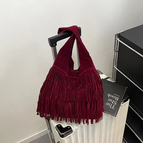Borsa a Tracolla da Donna con Frange e Nappe Borsa Tote Hobo di Grande Capacità in Finta Pelle Scamosciata Vintage Messenger Bohemienne
