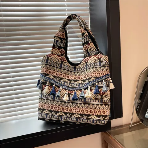 Borsa Tote Etnica Bohémien da Donna Grande Capacità Intrecciata Motivo Geometrico Borsa a Spalla Con Nappe Retrò Jacquard
