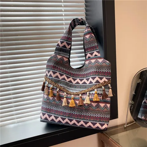 Borsa Tote Etnica Bohémien da Donna Grande Capacità Intrecciata Motivo Geometrico Borsa a Spalla Con Nappe Retrò Jacquard