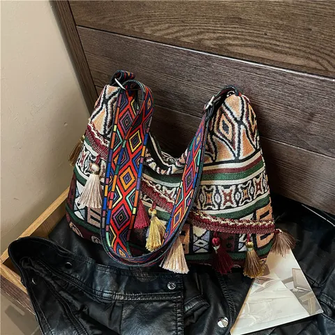 Borsa a Spalla Intrecciata in Stile Etnico Bohémien Con Nappe Motivo Geometrico Borsa Tote a Grande Capacità Per Donna Viaggio