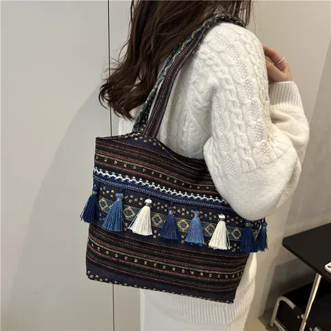 Borsa Tote da Donna Etnica Bohémien in Tessuto Jacquard con Nappine Grande Capacità Vintage a Spalla per Spesa e Viaggi