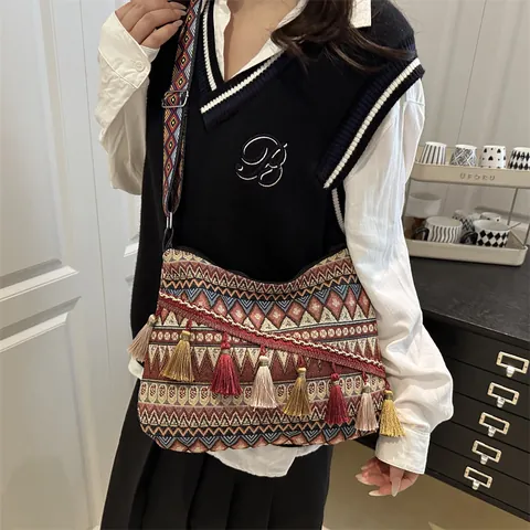 Borsa a Tracolla Stile Etnico Bohemien con Nappine Donna Retrò Motivo Geometrico Tessitura Borsa a Spalla Casual Messaggero