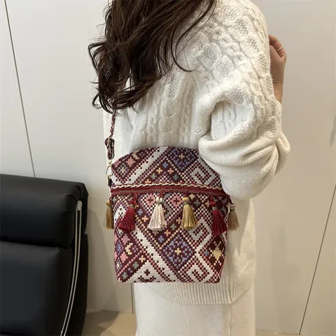Borsa a Secchiello Jacquard Etnica Bohémien Donna Retro Geometrica Nappina Tracolla Vintage Tessuto Frangia Borsetta Spalla