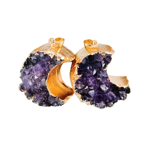 Natürlicher Amethyst Rohedelstein Mondsichel Anhänger Nur Ohne Kette Gold Vergoldet Kupferdraht Umwickelt Druzy Kristall Schmuck