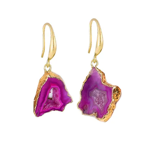Natürliche Achat Geode Scheibe Hängeohrringe Goldener Rand Unregelmäßiger Stein Boho Hakenohrringe Für Damen Schmuck Geschenk