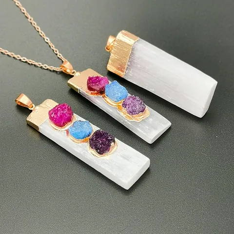 Natuurlijk Seleniet Druzy Kristal Hanger Ruwe Gipssteen Met Vergulde Rand Boheemse Alleen Hanger Zonder Ketting