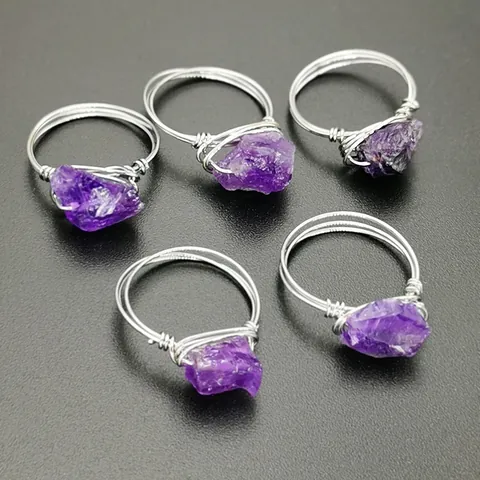 Natural Amethyst Green Fluorite Raw Stone Wire Wrapped Ring Handmade Copper Wire Bohemian Vintage Ring For Women Jewelry