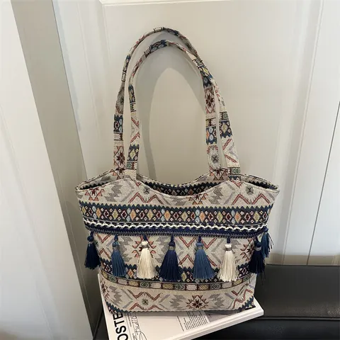 Borsa Tote Jacquard in Stile Etnico Boho Grande Capacità Moda Donna Motivo Geometrico Con Nappine Borsa a Tracolla Casual Quotidiana