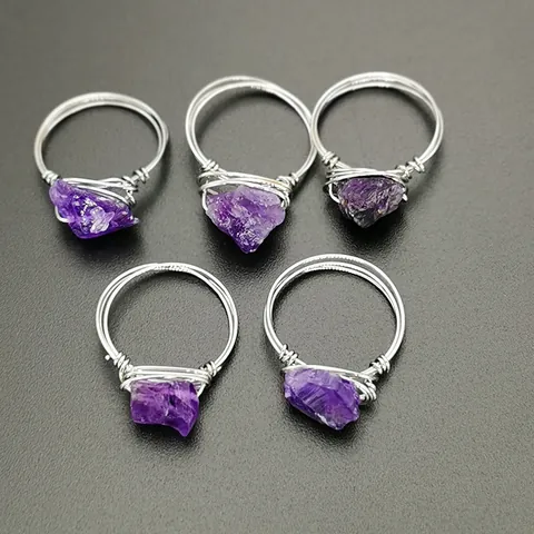 Natural Amethyst Green Fluorite Raw Stone Wire Wrapped Ring Handmade Copper Wire Bohemian Vintage Ring For Women Jewelry
