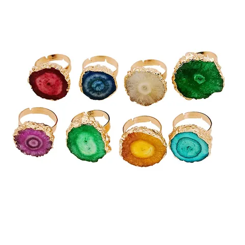 Natural Agate Druzy Open Ring Gold Plated Copper Adjustable Solar Flower Crystal Geode Jewelry For Women Daily Party