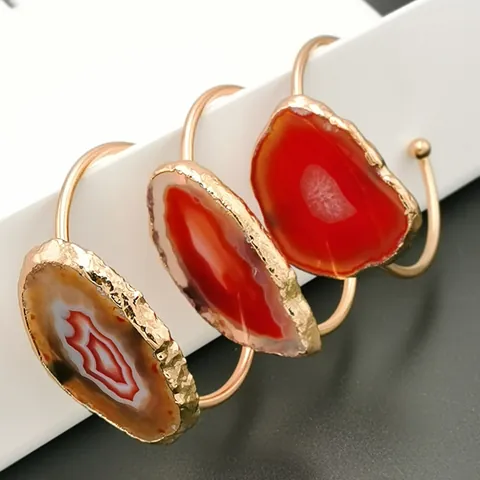 Brazalete Abierto de Rebanada de Ágata Natural Ovalada Piedra Bruta Druzy Borde Dorado Galvanizado Ajustable Joyería Boho