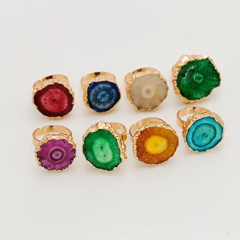 Natural Agate Druzy Open Ring Gold Plated Copper Adjustable Solar Flower Crystal Geode Jewelry For Women Daily Party