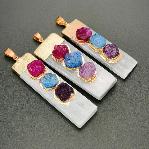 Natuurlijk Seleniet Druzy Kristal Hanger Ruwe Gipssteen Met Vergulde Rand Boheemse Alleen Hanger Zonder Ketting