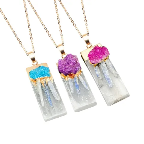Natürlicher Gips Kristall Geode Rohstein Anhänger Halskette Böhmischer Unregelmäßiger Kyanit Cluster Schmuck Für Damen Geschenk
