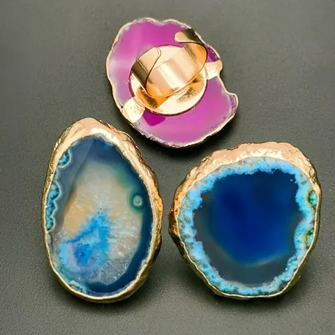 Natural Agate Slice Open Ring For Women Irregular Raw Stone Gold Plated Copper Edged Druzy Crystal Adjustable Finger Ring Bohemian Jewelry