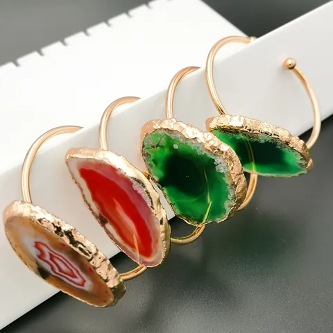 Brazalete Abierto de Rebanada de Ágata Natural Ovalada Piedra Bruta Druzy Borde Dorado Galvanizado Ajustable Joyería Boho