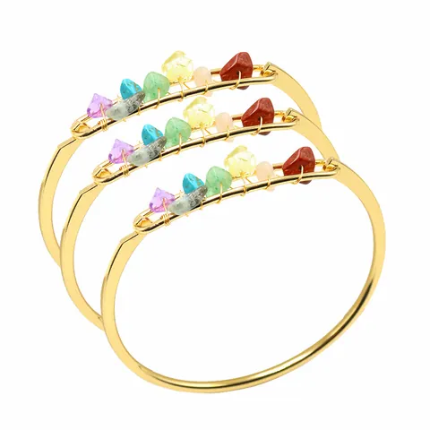 Brazalete Bohemio Siete Chakra de Piedra de Ágata de Cristal Natural Envuelto en Alambre Color Dorado Brazalete para Mujer Joyería Regalo