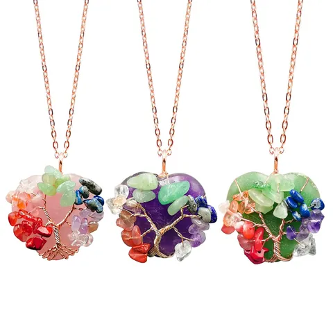 Pendentif Coeur Arbre De Vie En Cristal Naturel Enroulé De Fil Quartz Rose Améthyste Cadeau Bijoux Femme Sans Chaîne