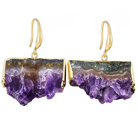Bohemian Natural Amethyst Irregular Druzy Geode Drop Earrings Gold Plated Copper Raw Purple Crystal Jewelry For Women