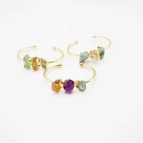 Brazalete Abierto de Piedra Bruta Natural Amatista Citrina Chapado en Oro Mineral Irregular Joyería de Brazalete para Mujer