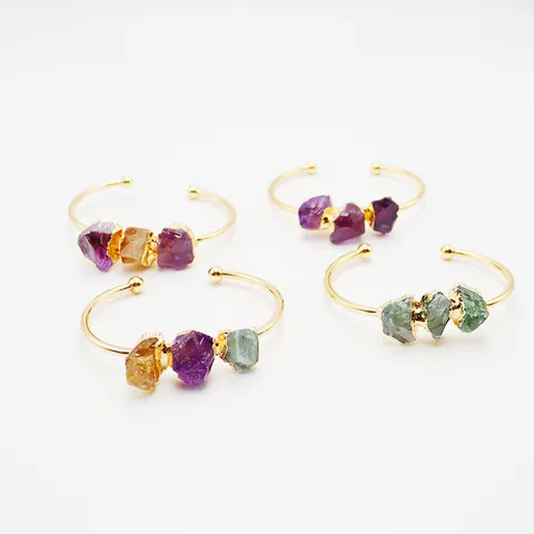 Brazalete Abierto de Piedra Bruta Natural Amatista Citrina Chapado en Oro Mineral Irregular Joyería de Brazalete para Mujer