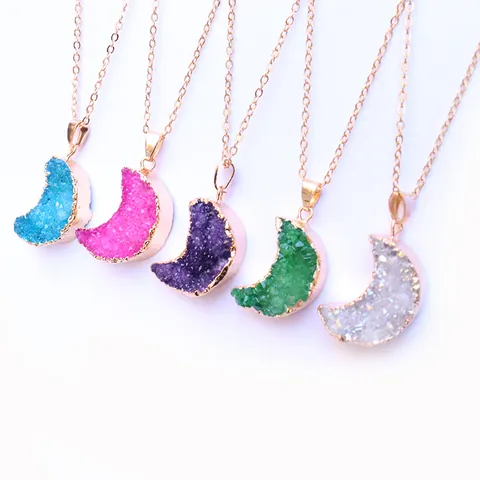 Natural Crystal Cluster Moon Pendant Only Without Chain Gold Plated Bohemian Druzy Quartz Crescent Pendant Women Jewelry