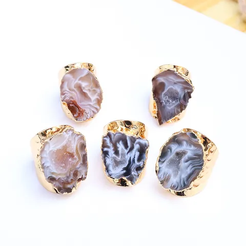 Natürlicher Brasilianischer Achat Geoden Ring Unregelmäßige Rohstein Scheibe Vergoldet Gehämmert Verstellbar Offener Ring Für Damen Bohemian Schmuck Geschenk