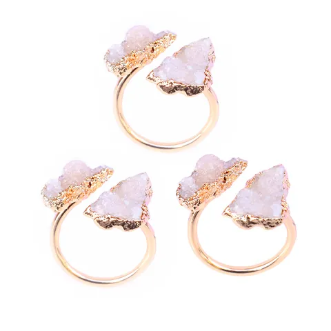 Bague Ouverte Réglable en Pierre Brute Agate Druzy Naturelle Bohémienne Cuivre Électroplaqué Agate Cristal Dents Bague pour Femme