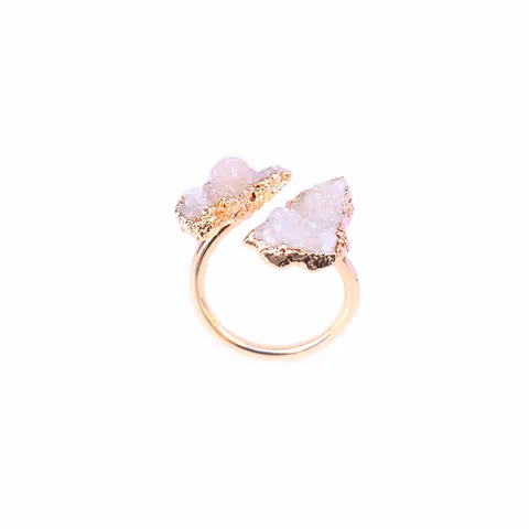 Bague Ouverte Réglable en Pierre Brute Agate Druzy Naturelle Bohémienne Cuivre Électroplaqué Agate Cristal Dents Bague pour Femme