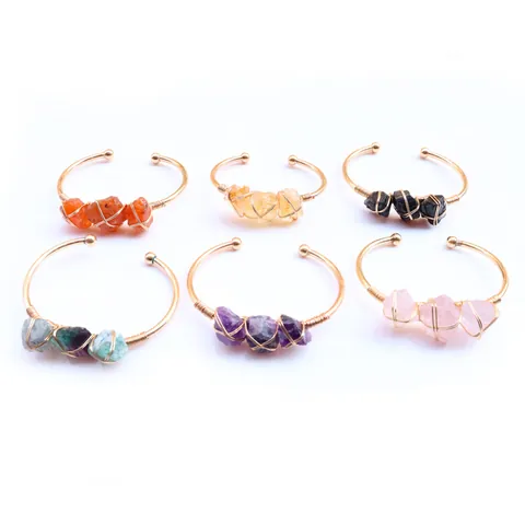 Pulsera de Piedra Bruta de Cristal Ágata Natural Enuelta en Alambre de Cobre Amatista Citrino Cristal Rosa Brazalete Ajustable