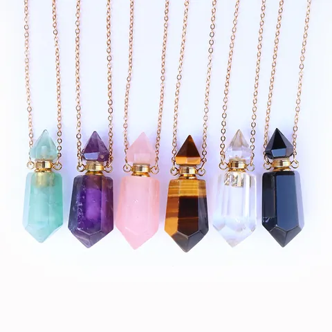 Naturkristall Parfümflasche Nur Anhänger (Ohne Kette) Hexagonal Amethyst Rosenquarz Fläschchen Für Halskette Damen Herren Schmuck